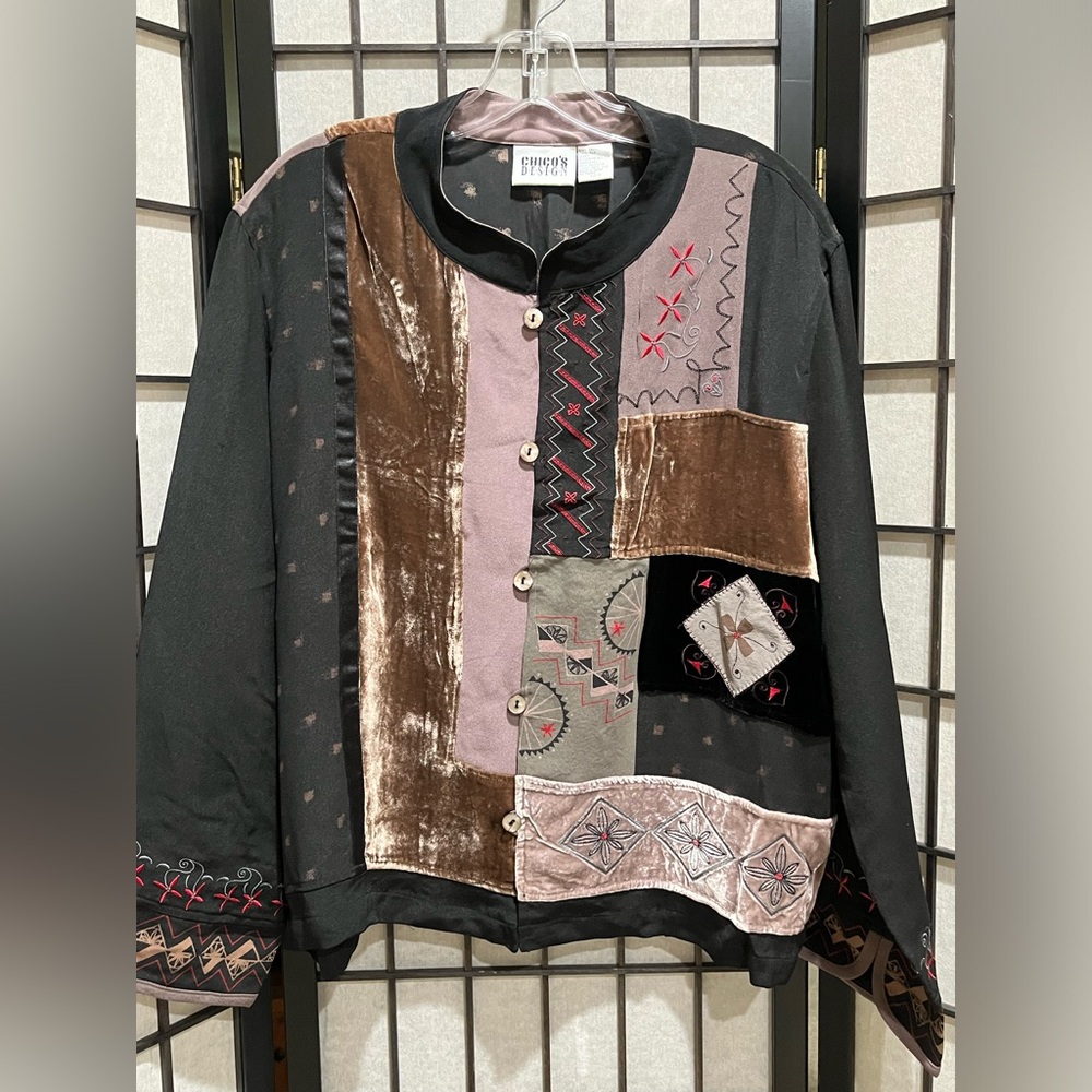 Chico’s Design Eclectic Silk / Velvet Patchwork Button Front Jacket - Size L View 5
